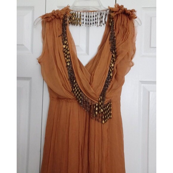 CRIS BARROS Long ORANGE  dress with SILK lining Beads antique inserts Size 38 - Picture 5 of 16
